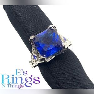 [Blue Genesis] Tall Brilliant Simulated Sapphire Statement Ring